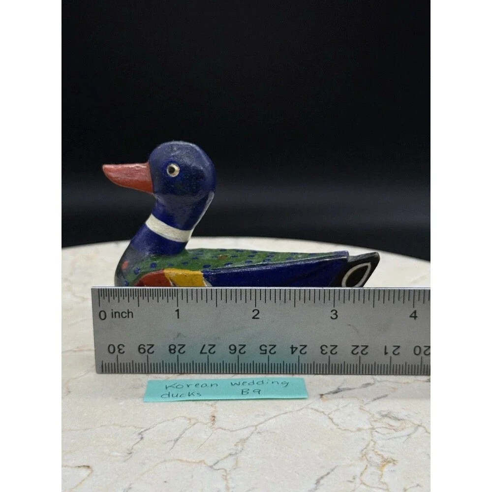Vintage Korean Wedding Ducks Pair Hand Carved Painted Wood Folk Art 3.5”